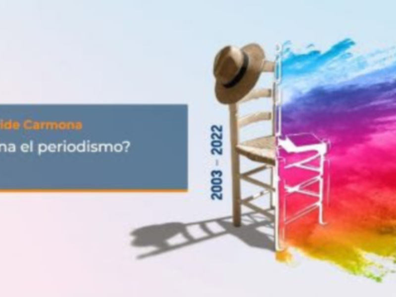 Colores vibrantes y una figura en un poste, con texto que sugiere un curso de verano sobre el periodismo.