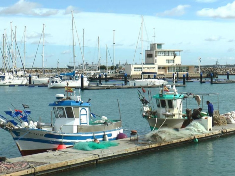 Puerto con barcos de pesca y veleros anclados, con una estructura de muelle y edificio en el fondo.