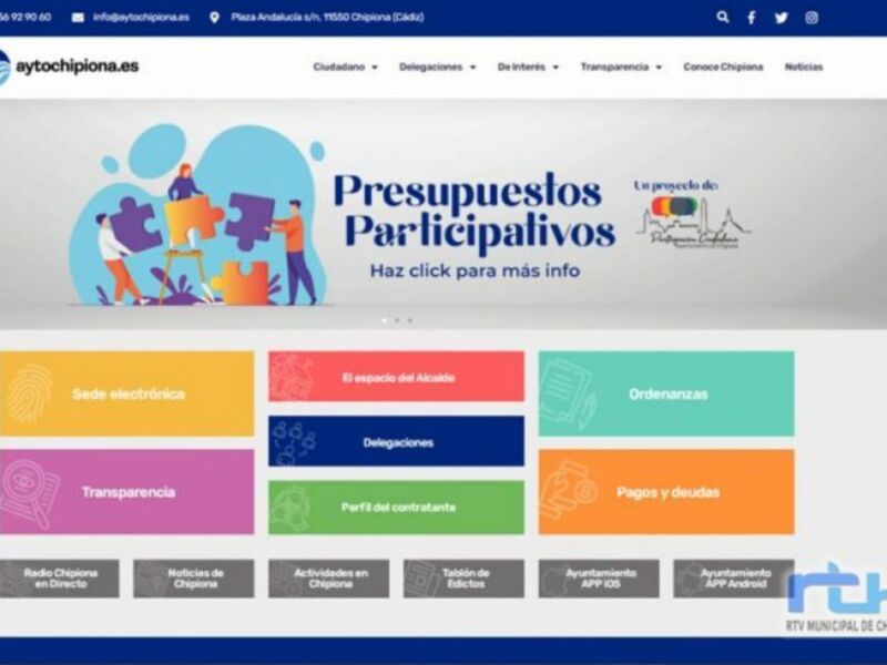 Página web del Ayuntamiento de Chipiona con opciones para participar en presupuestos participativos, acceso electrónico, transparencia y más.