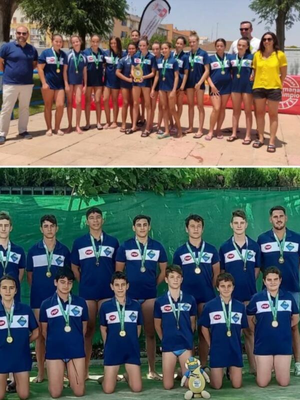 Equipo de natación con medallas y trofeo celebrando un logro.