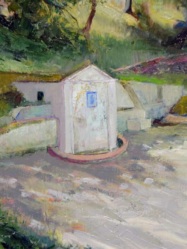 Pintura al óleo que muestra una pequeña estructura blanca en un paisaje verde, con árboles y tierra alrededor.