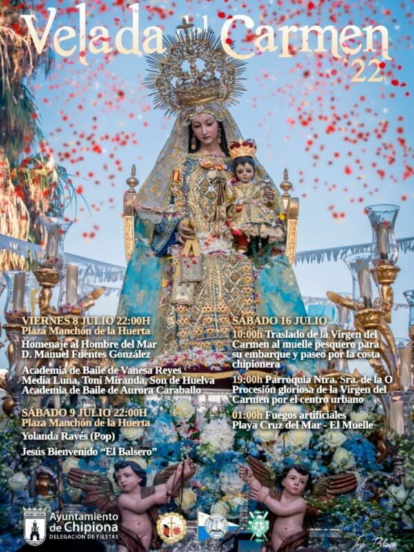 Festividad de la Virgen del Carmen en Chipiona, con procesiones y eventos el 8, 9 y 16 de julio de 2022.