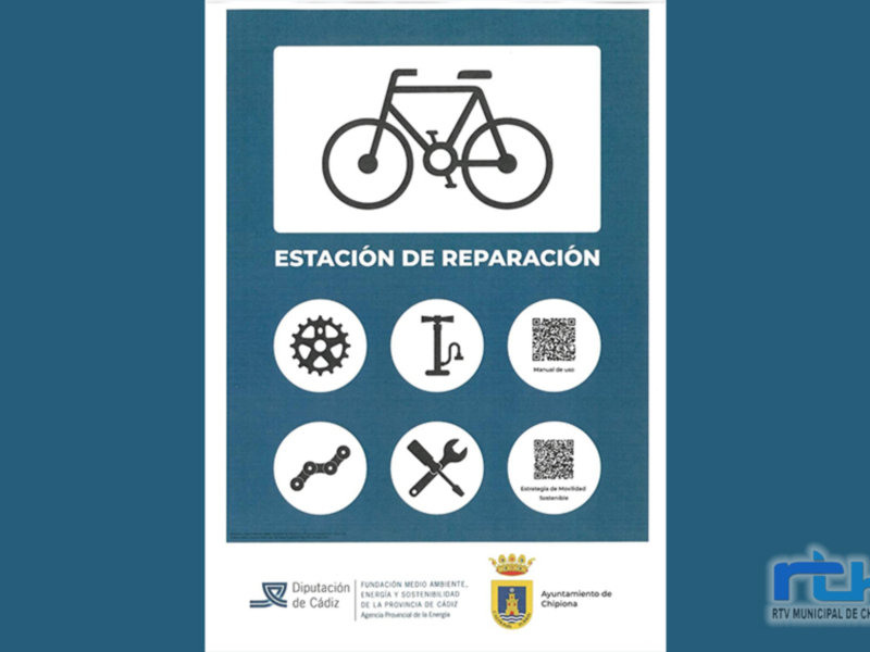 Cartel de estación de reparación de bicicletas con iconos de herramientas y QR.