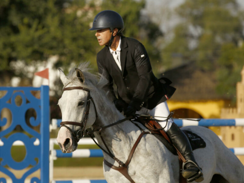 Jinete en competencia de salto de obstáculos con caballo blanco en un entorno al aire libre.