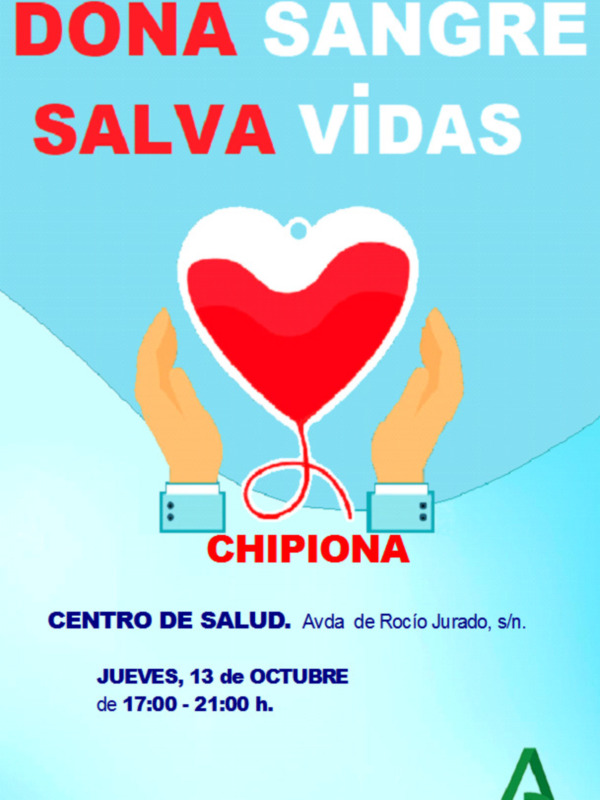Poster informativo sobre la donación de sangre en el Centro de Salud de Avda de Rocío Jurado, con fecha y hora de la actividad.