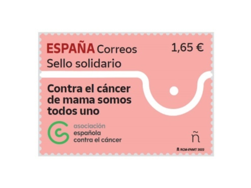 Sello solidario español de 1,65 € para la lucha contra el cáncer de mama, emitido por Correos en 2022.