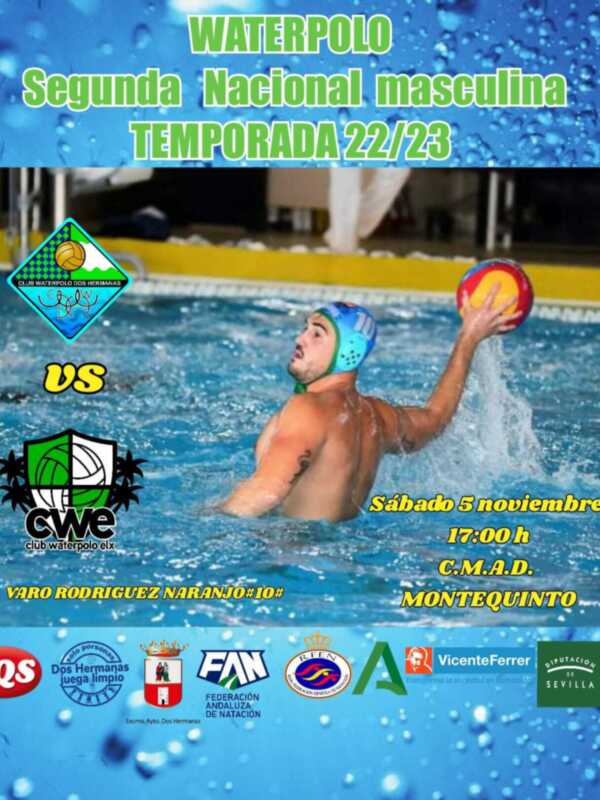 Cartel de waterpolo con jugador en acción, torneo Segunda Nacional masculina, 5 de noviembre, 17:00 h, en el Club Waterpolo Dos Hermanas.