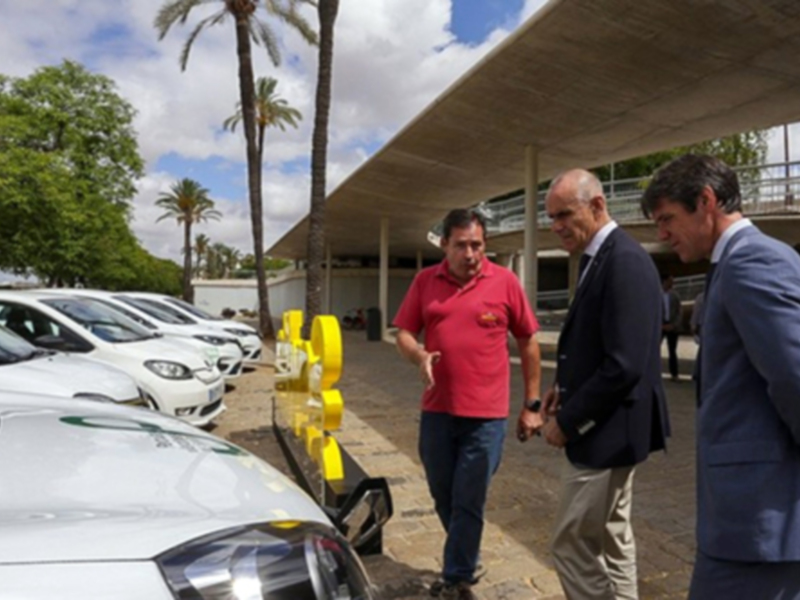 Tres hombres discuten mientras caminan junto a un estacionamiento de coches eléctricos en un entorno con palmeras y un cielo nublado.