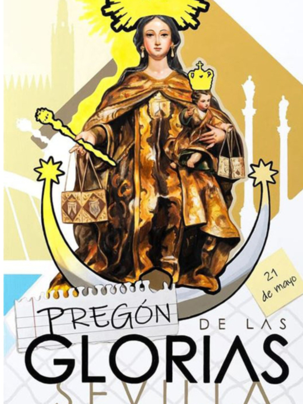 Logotipo de la Virgen de las Glorias de Sevilla, con detalles iconográficos y la fecha de la celebración.