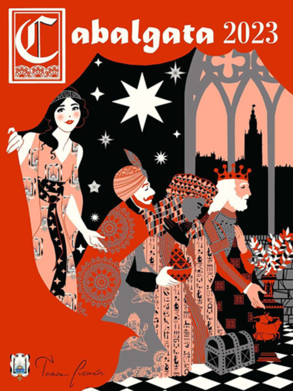 Ilustración festiva de la Cabalgata 2023 con figuras de reyes y estrellas, ambientada en un estilo artístico retro.