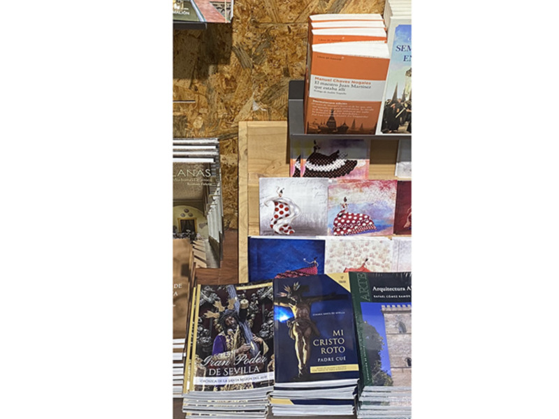 Colección de libros sobre Sevilla y sus tradiciones, destacando títulos como 'Gitanas de Sevilla' y 'Cristo Roto'.