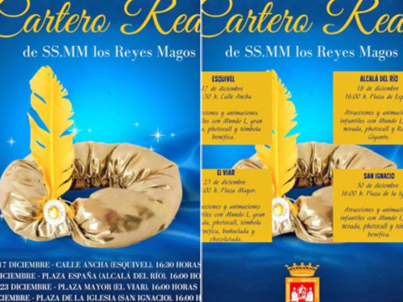 Cartel anunciando la visita del Cartero Real de los Reyes Magos en Alcalá del Río, con horarios y ubicaciones de las actividades.