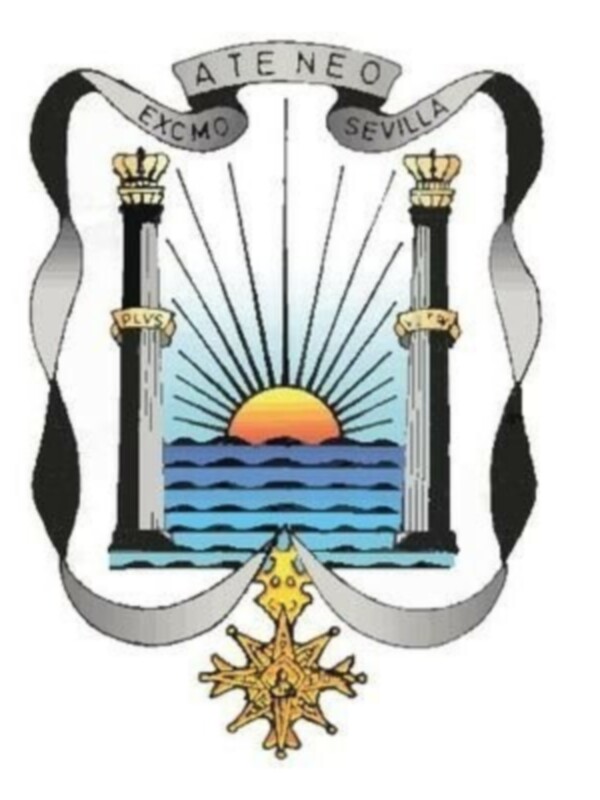Escudo de armas de la ciudad de Sevilla, España. Representa dos columnas con un sol en el centro, flanqueado por el mar y el sol. La inscripción 'ATE NEO EXCMO SEVILLA' se encuentra en el centro del escudo.