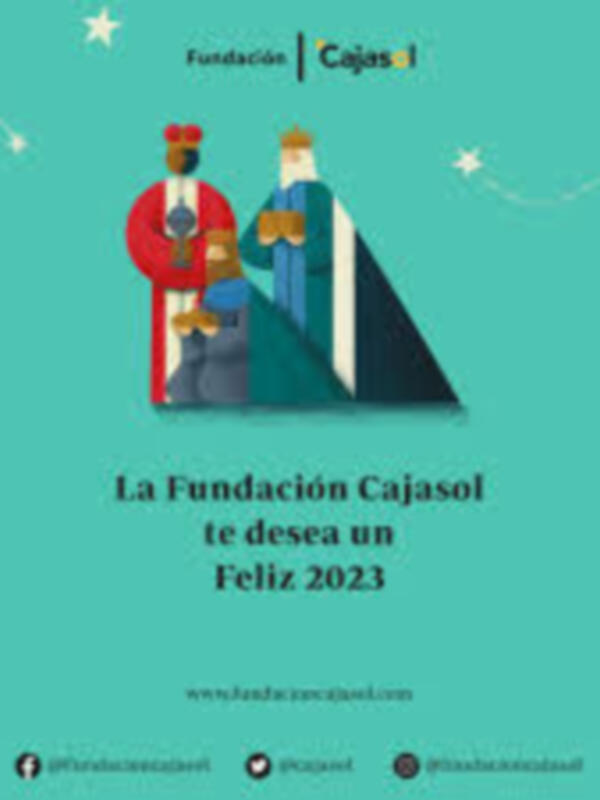 Tarjeta de felicitación de la Fundación Cajasol para el año 2023, con ilustración de dos personas vestidas con trajes tradicionales.