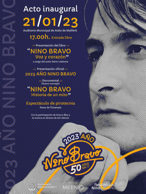 Acto Inaugural del Año Nino Bravo 2023 en el Auditorio Municipal de Aielo de Malferit, con presentación del libro y espectáculo de pirotecnia.