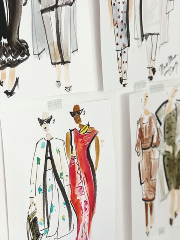 Dibujos de moda en acuarela, destacando prendas de vestir y accesorios en colores vibrantes y estilos contemporáneos.