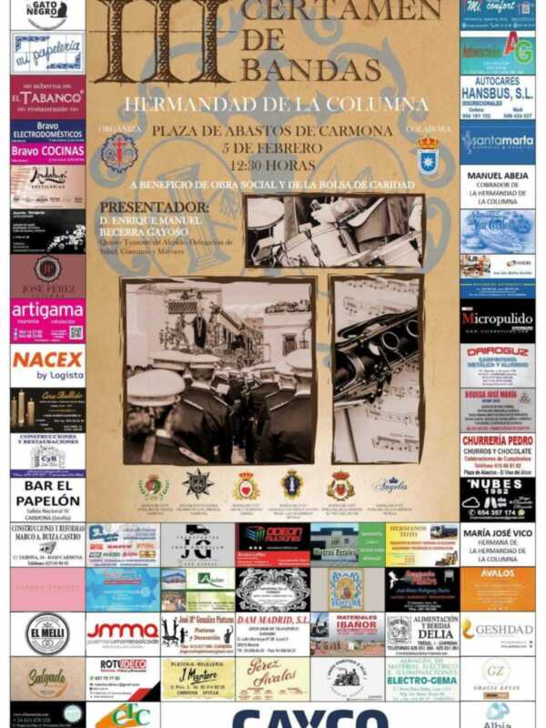 III Certamen de Bandas de la Hermandad de la Columna, 5 de febrero, Plaza de Abastos de Carmona, a beneficio de obras sociales y caritativas.