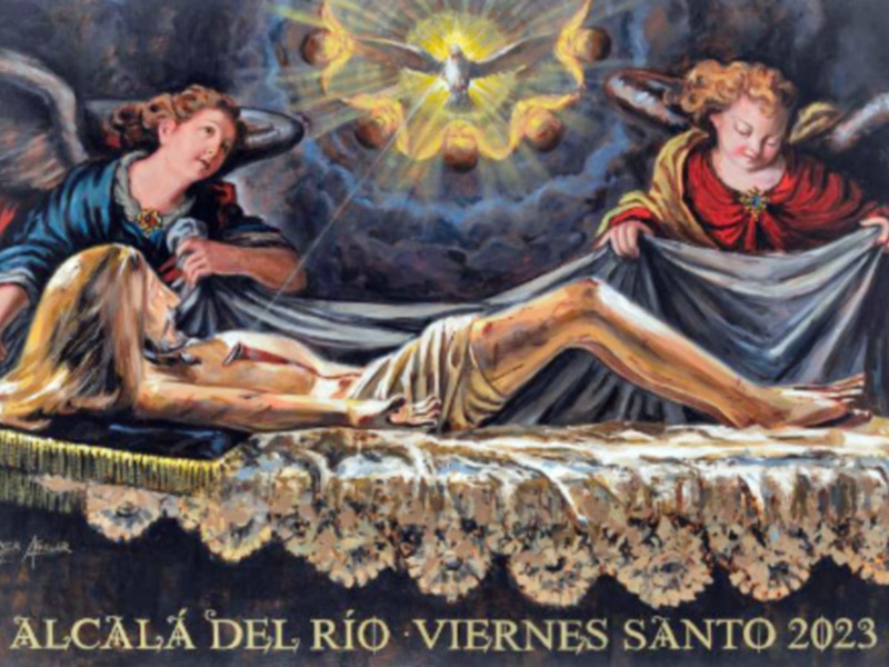 Escena religiosa con ángeles y una figura en la cruz, con el texto 'Alcalá del Río Viernes Santo 2023' en la parte inferior.