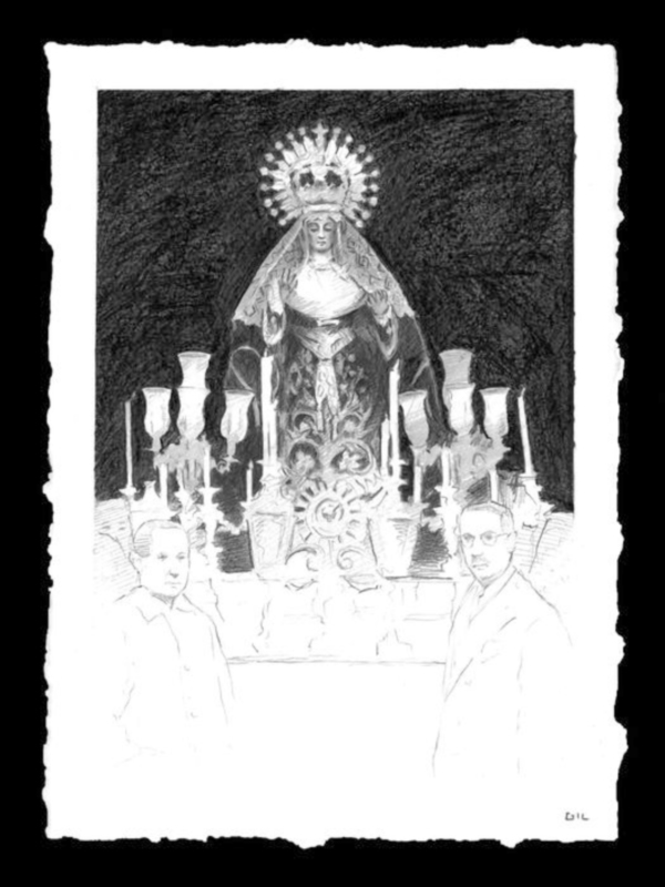 Ilustración de una figura religiosa con velos y corona, flanqueada por velas y dos personas en primer plano.