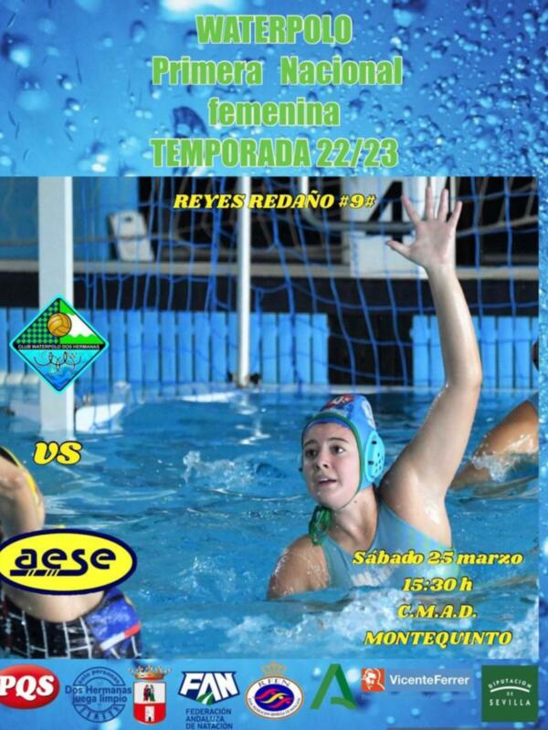Cartel promocional de waterpolo femenino, Temporada 2022/2023, con jugadoras en acción y detalles de fecha y hora.