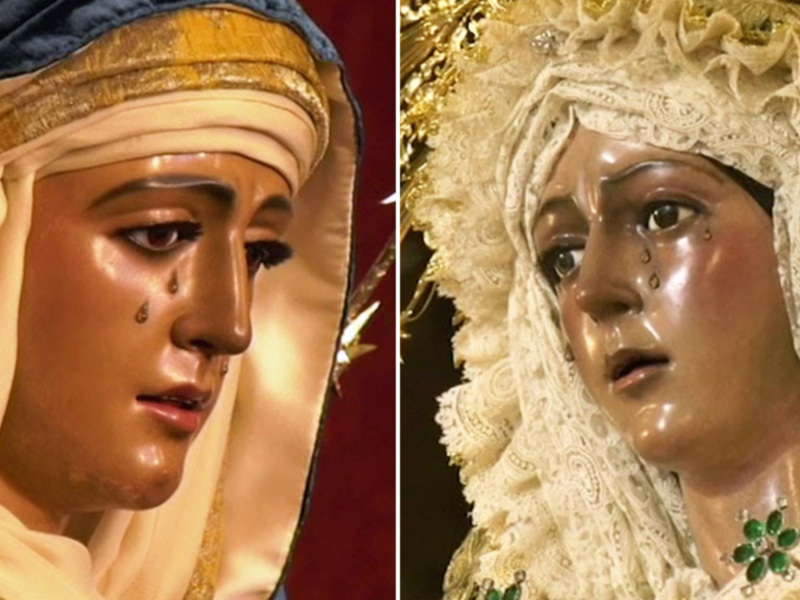 Dos imágenes de la Virgen María, una con expresión serena y la otra con ojos llorosos, simbolizando diferentes momentos de su vida.