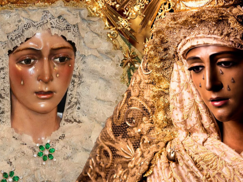 Dos imágenes de la Virgen María, una con vestimentas blancas y la otra con vestimentas doradas, ambas con detalles de cristales y broches.