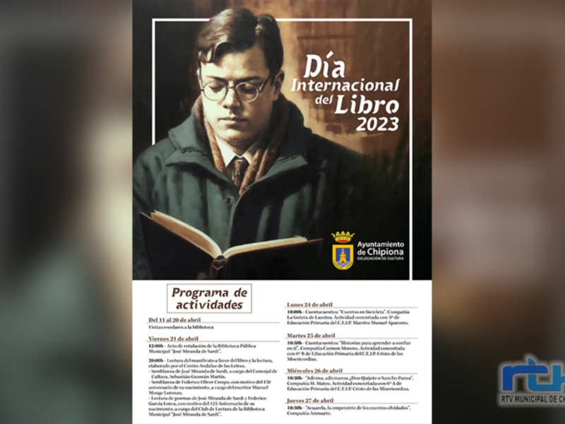Afiche del Día Internacional del Libro 2023 en Chipiona, con actividades programadas del 11 al 26 de abril.