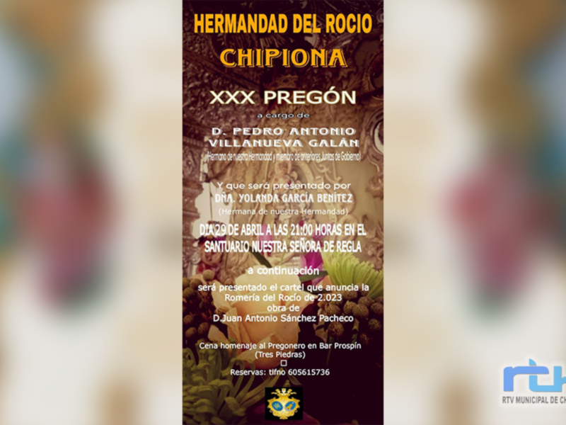 Cartel anunciando la Romería del Rocío de 2023 en Chipiona, con detalles sobre el pregón, la presentación del cartel y la cena homenaje al proponero en Bar Prosin.