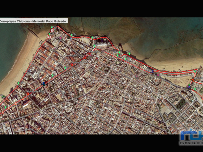Mapa satelital de Chipiona con ruta marcada para la XVII 10K Correplayas Chipiona - Memorial Paco Guisado.