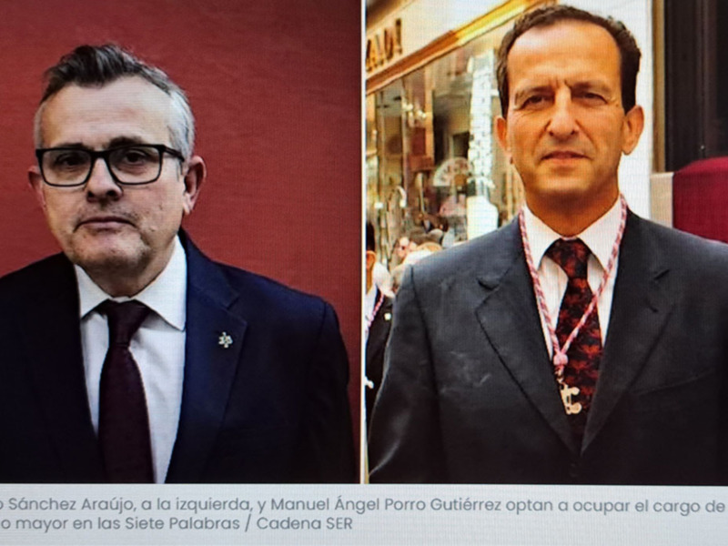 Dos hombres en trajes, uno con una insignia y el otro con una medalla, posando para una foto. Texto: 'Eduardo Sánchez Araújo, a la izquierda, y Manuel Ángel Porro Gutiérrez optan a ocupar el cargo de hermano mayor en las Siete Palabras / Cadena SER'.