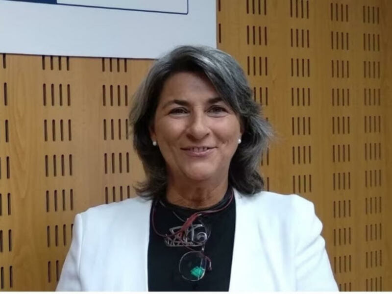 Una mujer con cabello gris y una blusa blanca sonriendo frente a una pared de madera con patrones.