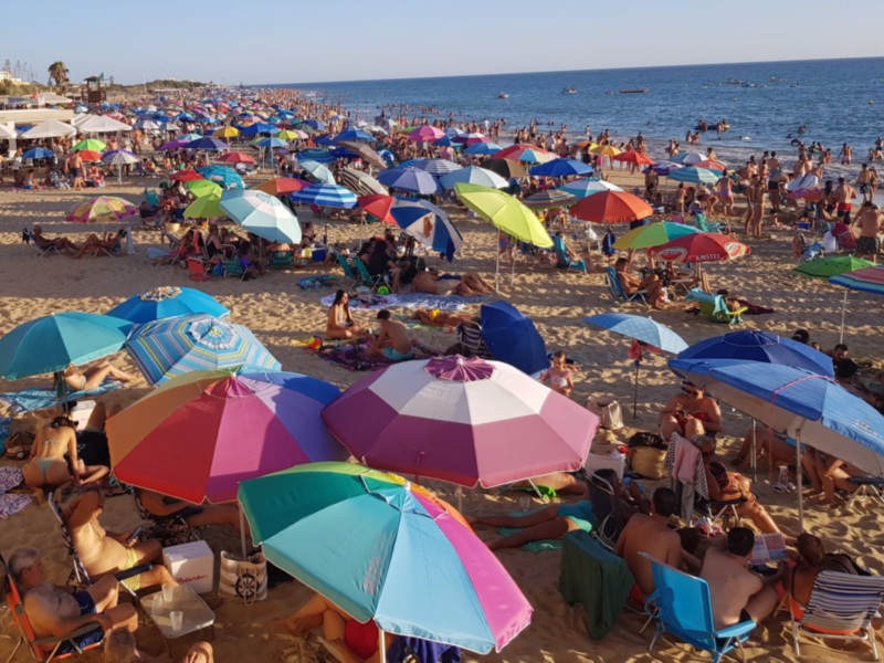 Piscina llena de personas disfrutando del sol y la playa con sombrillas coloridas.