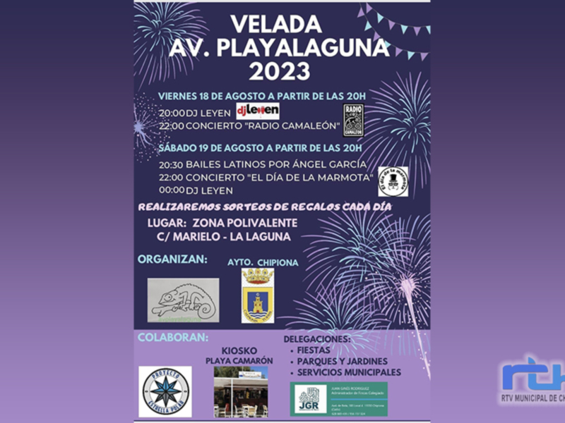 Afiche de la Velada en Av. Playa La Laguna 2023, con eventos musicales y sorteos de regalos cada día, organizada por el Ayuntamiento de Chipiona.
