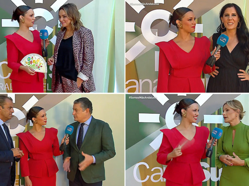 Entrevistas en un evento 'Somos Más Andalucía' con presentadores en trajes formales y rojo vibrante.