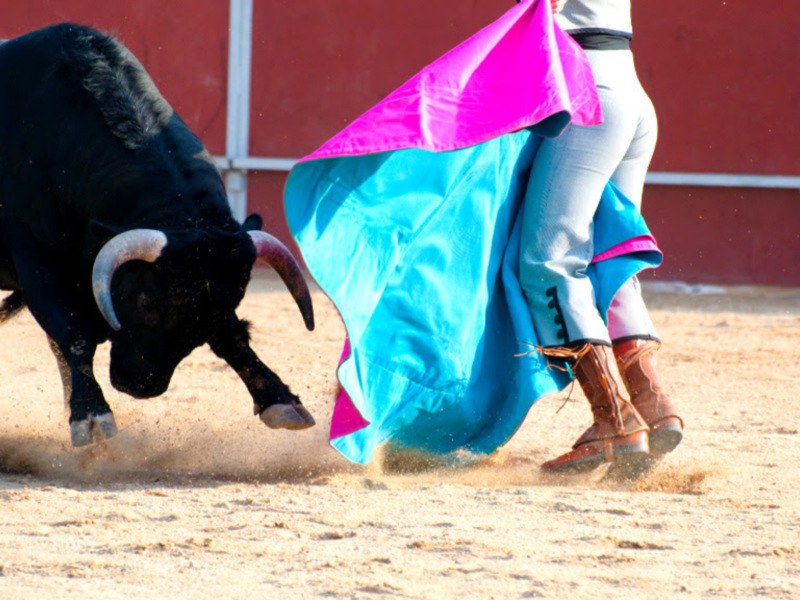 Un torero maneja una capa de colores vibrantes mientras un toro se lanza hacia él en una arena de arena.