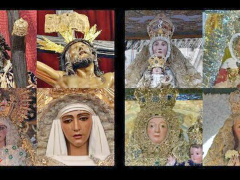 Una colección de imágenes de santos y virgenes, cada uno con su propia expresión y vestimenta, representando la devoción y la belleza artística en la iconografía religiosa.