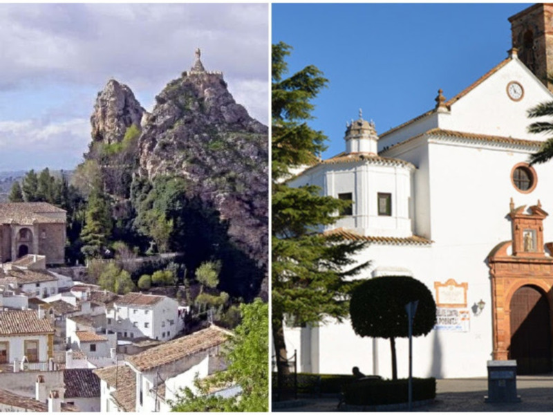 Vista panorámica de un pueblo blanco con tejados rojos y una iglesia blanca con torre, junto a una roca escarpada y un cielo nuboso.