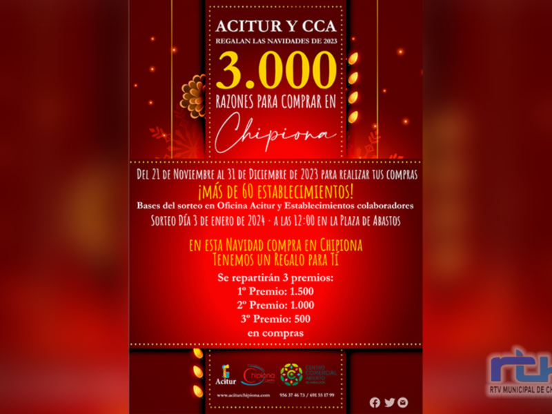 Promoción navideña en Chipiona: 3.000 razones para comprar, sorteo el 3 de enero 2024 con premios hasta 1.500€.