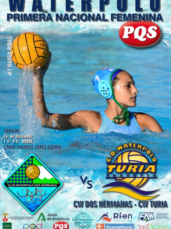 Cartel de waterpolo femenino entre CW Dos Hermanas y CW Turia, celebrado el 16 de diciembre a las 15:00 horas.