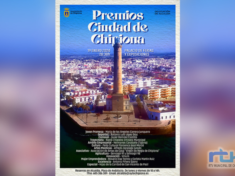 Afiche de los Premios Ciudad de Chipiona, celebrados el 19 de enero de 2024 en el Palacio de Ferias y Exposiciones.