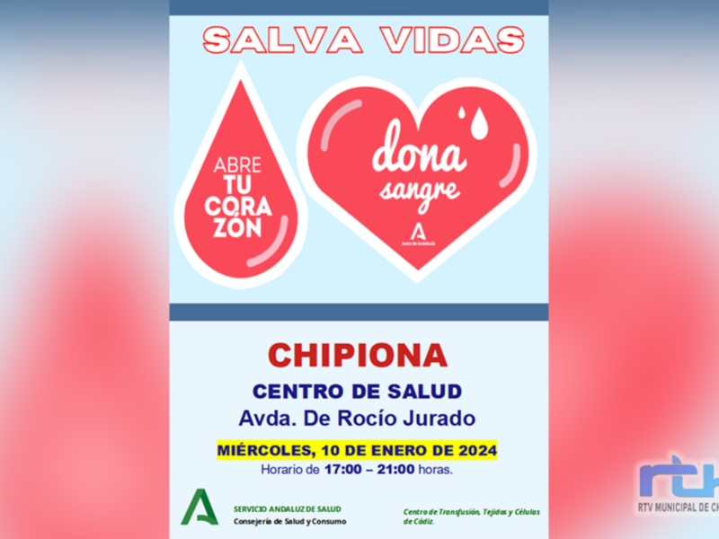 Convocatoria de donación de sangre en Chipiona, 10 de enero de 2024, de 17:00 a 21:00 horas.