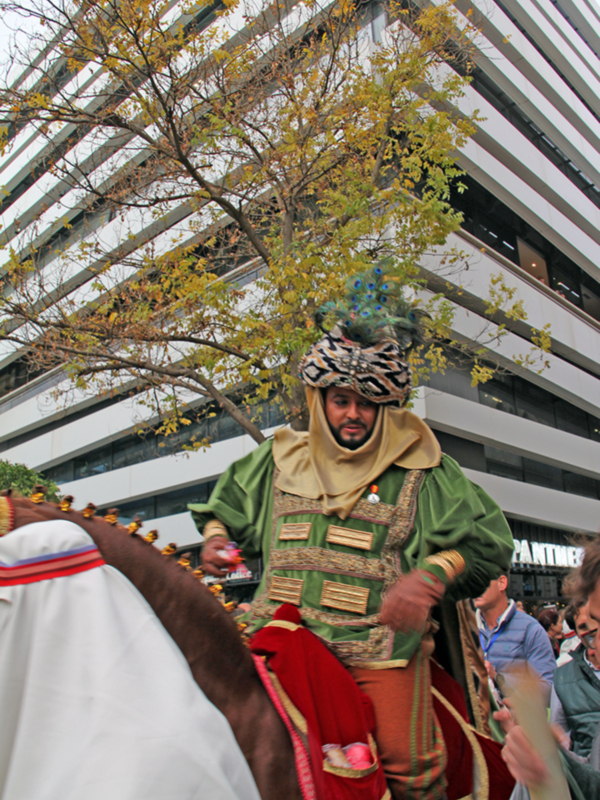 Un hombre vestido con trajes tradicionales en una celebración cultural en la calle. Detalle de su traje con un tocado de plumas de pavo real.