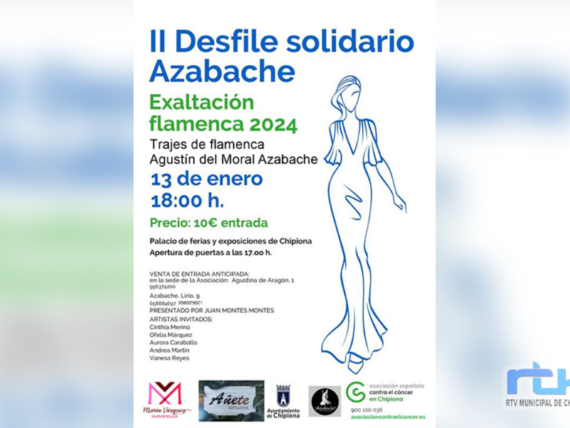 II Desfile solidario Azabache, evento de moda flamenca en Chipiona, con detalles sobre fecha, hora, precio de entrada y artista invitado.