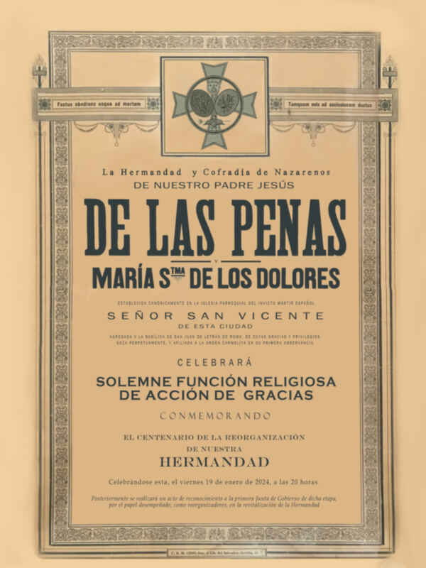 Invitación a la celebración del centenario de la reorganización de la Hermandad de María Santísima de los Dolores, el viernes 19 de enero de 2024, a las 20 horas.