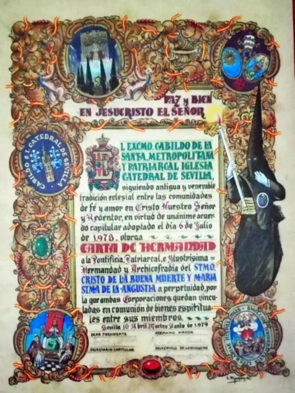 Carta de hermandad de la Catedral de Sevilla, firmada en 1979, con ornamentos y emblemas religiosos.