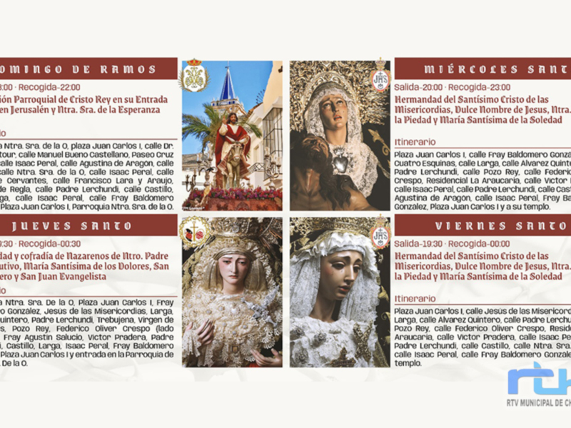 Desfile procesional de Semana Santa en Chipiona, con imágenes de imágenes de santos y virgenes, descripción de itinerarios y fechas de salida y recogida.