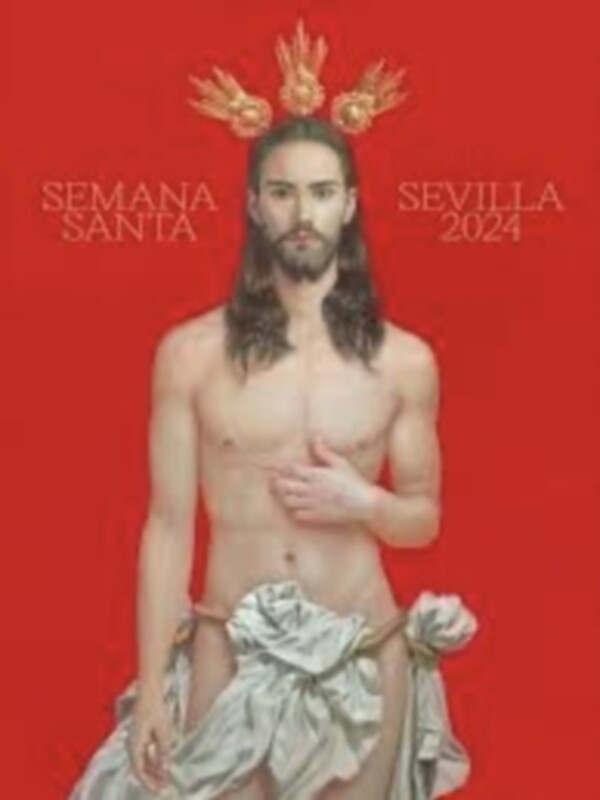 Retrato de Jesús con manto y corona de espinas, con el texto 'SEMANA SANTA SEVILLA 2024' en el fondo rojo.