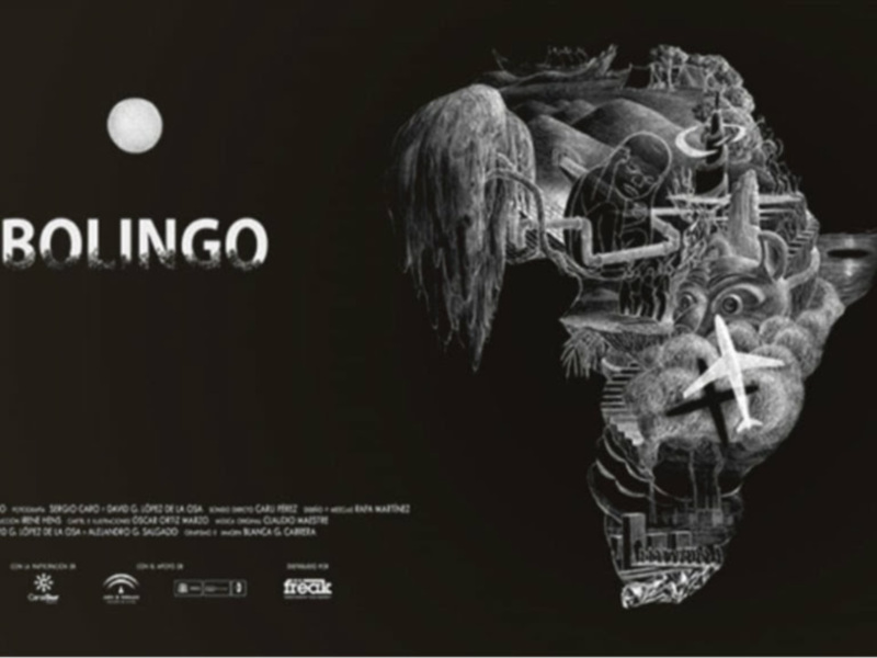 Poster for 'Bolingo', featuring intricate, surreal artwork of a face with various elements and symbols, set against a dark background.
