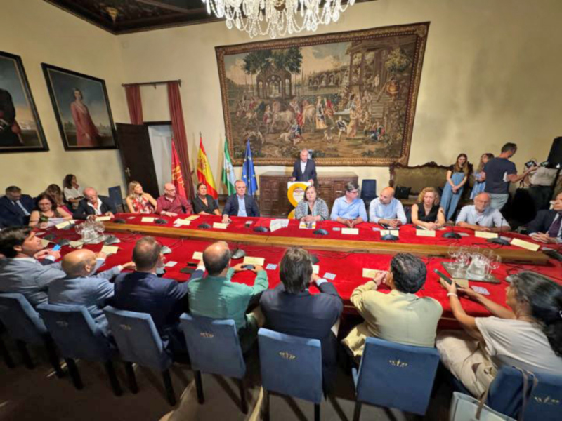 Reunión de autoridades en una sala con tapiz y banderas, discutiendo en una mesa larga.