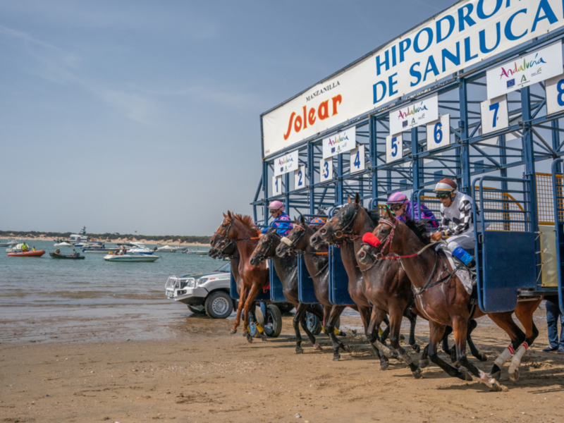 Carrera de caballos en la playa de Sanlúcar de Barrameda, Andalucía, España.